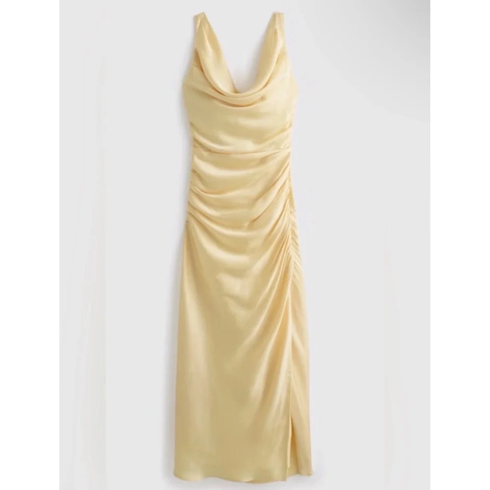 NWT Abercrombie & Fitch Cowl Neck Draped Maxi Dress Satin Sunny Yellow MP Petite